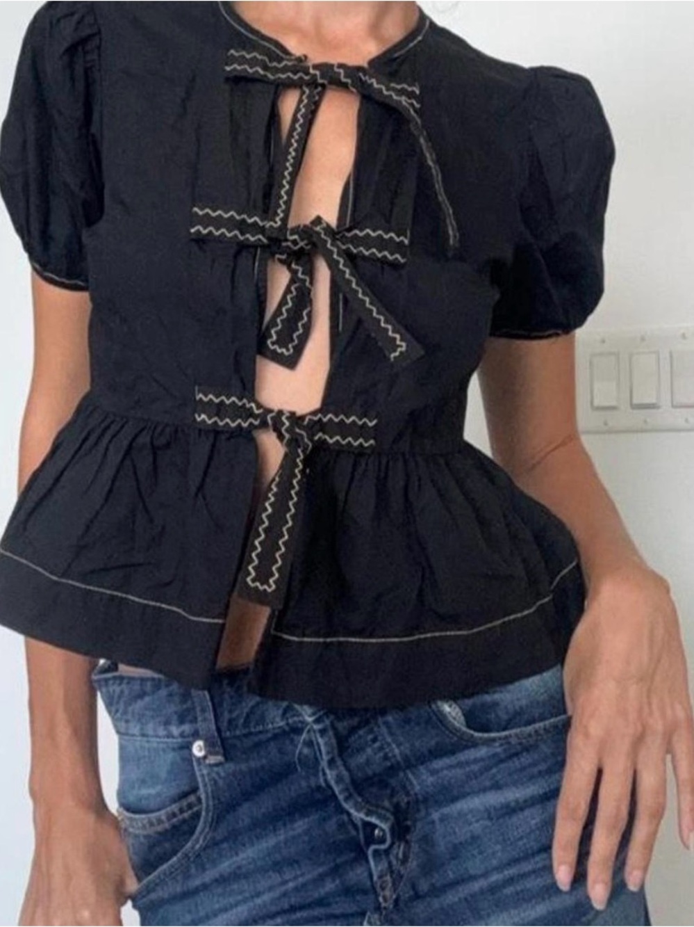 bohme Black Peplum Tie-Front Blouse with Zigzag Contrast Trim XS